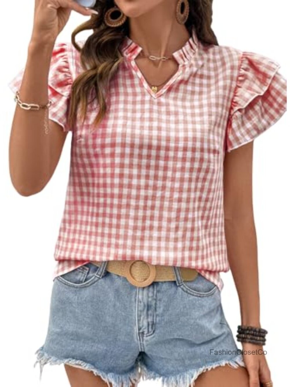 Women's V Neck Peplum Blouse Ruffle Sleeve Gingham